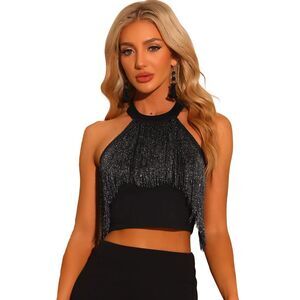 Crop Tops Fringe Trim Glitter Tie Halter Neck Sparkly Party Black